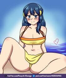 1girls anus anus_peek areola_slip areolae artist_logo beach bikini blue_eyes blue_hair blush breasts dawn_(pokemon) female female_focus female_only hair hair_ornament heart hi_res long_hair looking_at_viewer pokemon pokemon_dppt ponyartdesign self_upload smile solo solo_female solo_focus swimwear tagme text water watermark yellow_swimwear