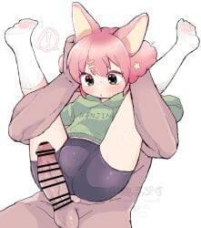 ! 1boy animal_ears bar_censor bike_shorts black_shorts blush censored clothed_female_nude_male female green_eyes green_hoodie hood hoodie legs_up looking_at_penis looking_down nakajima_lupus nude original penis pink_hair rabbit_ears rabbit_girl restrained short_hair shorts simple_background socks solo_focus spread_legs white_background white_socks