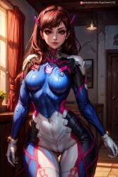 ai_generated bodysuit breasts brown_eyes brown_hair curvaceous curvy curvy_body curvy_female curvy_figure d.va female female_only fit_female long_hair looking_at_viewer medium_breasts overwatch overwatch_2 smile solo solo_female supr3metr thick_thighs tight_clothes tight_clothing tight_fit wide_hips