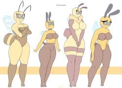 4girls antennae anthro bee bee_(minecraft) bee_girl blue_eyes blush breasts facrec highres microsoft minecraft mojang mouthless multicolored_body neck_tuft pastel self_upload simple_background slightly_chubby stinger swimsuit text thick_thighs wings xbox_game_studios