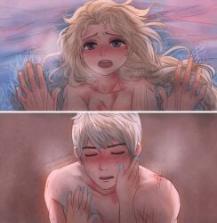 1boy 1girls bite_mark blonde_hair blue_eyes blush caressing_face crimsonblume crossover crossover_pairing disney disney_princess dreamworks elsa elsa_(frozen) female female_pov flushed flushed_face frozen_(film) hand_on_face heavy_breathing hickey hickey_marks ice ice_power jack_frost jack_frost_(rise_of_the_guardians) jelsa male male/female male_on_top male_pov open_mouth panting paramount_pictures pov rise_of_the_guardians sex shirtless straight temperature_play visible_breath white_hair