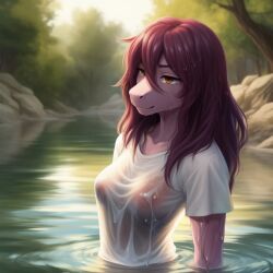 ai_generated anthro breasts breasts cute deltarune diplive7 forest lake leaking_pussy lizard nipples nipples_visible_through_clothing outdoors purple_hair red_eyes scalie see-through_clothing soaked soft_shaded sunlight sunny susie_(deltarune) wet wet_body wet_hair wet_shirt white_shirt