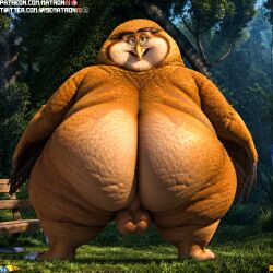 4k ai_generated anthro avian balls belly belly_button bhm big_belly chubby chubby_anthro chubby_male creepy elderly_anthro genital_fluids genitals highres huge_belly legends_of_oz_dorothy's_return male male_only matronai_(artist) obese obese_anthro obese_male overweight overweight_male owl patreon patreon_username penis pinup stable_diffusion thick thick_legs thick_thighs twitter_username wiser_the_owl