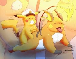 2024 absurd_res anthro belly blush bodily_fluids captain_pikachu closed_eyes clothing dober duo generation_1_pokemon hat headgear headwear hi_res male nintendo orange_body pikachu pokemon pokemon_(species) raichu sex slightly_chubby sweat tongue tongue_out white_body yellow_body