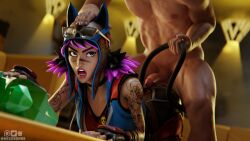 cat_ears cat_tail clothed clothed_female clothing fortnite fortnite:_battle_royale fully_clothed fully_clothed_female glasses grabbing_tail hand_on_head looking_back looking_back_at_partner multicolored_hair penis penis_on_ass pilot_hat renegade_lynx tagme tattoo tattoos weedson86