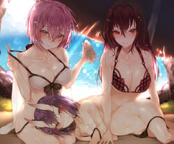 3girls :t absurdres arm_up bare_arms bare_shoulders beach beach_umbrella bikini black_bikini black_bow blush bow breasts cleavage collarbone eyebrows_visible_through_hair fang_out fate/grand_order fate_(series) front-tie_bikini front-tie_top groin hair_between_eyes hair_intakes highres holding hplay large_breasts leaning_forward lens_flare long_hair looking_at_viewer lotion_bottle lying mash_kyrielight multiple_girls navel ocean on_side oni_horns outdoors parted_lips pink_eyes pink_hair pout pulled_by_self purple_eyes purple_hair red_bikini red_eyes red_hair scathach_(fate) scathach_(swimsuit_assassin) shade shiny shiny_skin short_hair shuten_douji_(fate) side-tie_bikini sitting skindentation small_breasts smile sparkle stomach strap_pull sun_lotion sunlight swimsuit umbrella untied untied_bikini water white_bikini