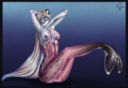 1girls 2016 anthro areola ass blonde_hair blue_background blue_hair blue_nipples bourbon._(artist) breasts clothed clothing english_text fangs feline female female_focus fin fur grey_fur hair long_hair mammal marine merfolk mermaid_suit nipples pink_tail pussy rubber saber-toothed_cat see-through signature simple_background sitting smile solo symbiote text transformation