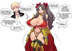 1boy 1girls alternate_breast_size breasts brown_hair dialogue english_text fate/grand_order fate/stay_night fate_(series) female gilgamesh_(fate) hi_res huge_breasts long_hair maebari male pinkkoffin tohsaka_rin