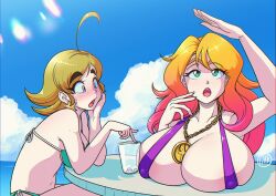 2girls bikini blue_eyes blush borrowed_character breasts breasts_on_table brown_hair earrings erect_nipples erect_nipples_under_clothes gradient_hair green_bikini green_eyes huge_breasts large_breasts mina_(omegalife) necklace omegalife one-piece_swimsuit one_arm_up open_mouth orange_hair original outside side-tie_bikini sitting swimsuit tagme