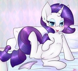 2016 ashee_cakes bed blue_eyes blush clothing equine female feral friendship_is_magic fur hair horn inside looking_at_viewer mammal my_little_pony panties pillow purple_hair pussy rarity_(mlp) smile solo tongue tongue_out underwear unicorn white_fur