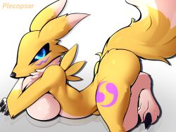 anthro bandai_namco bent_over big_breasts black_nose black_sclera blue_eyes breasts canid canine claws digimon digimon_(species) female fox fur mammal markings plecopsar renamon solo tail white_body white_fur yellow_body yellow_fur