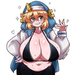 1girls alternate_breast_size aqua_eyes artist_name big_belly big_breasts black_bra blonde_hair bra breasts bridget bridget_(guilty_gear) chubby chubby_female cleavage clothed_female genderswap_(mtf) guilty_gear guilty_gear_strive huge_breasts jacket_open large_breasts light-skinned_female muffin_top open_clothes open_jacket plump rule_63 seireiart solo solo_female stomach sweat teeth watermark white_background