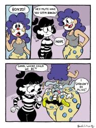 ! 1boy 2026 2girls anthro anthro_on_human artist_signature ass big_ass breasts bunny clown comic dated dialogue english_text funny furry huge_ass human humor imrachets looking_for_someone makeup mime mute_(imrachets) original original_character rabbit sexy signature sitting_on_person speech_bubble tagme tagme_(character) text