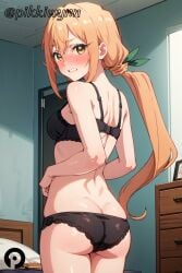 100_kanojo ai_generated ass back bangs black_bra black_panties blush bra breasts butt_crack cowboy_shot female from_behind hair_ribbon inda_karane indoors kimi_no_koto_ga_dai_dai_dai_dai_daisuki_na_100-nin_no_kanojo long_hair looking_at_viewer looking_back panties pikkiwynn ribbon solo standing teeth the_100_girlfriends_who_really_really_really_really_really_love_you underwear underwear_only yellow_eyes