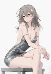 1girls bare_legs bare_shoulders bare_thighs big_breasts blush brown_hair crossed_arms crossed_legs feintheart721 honkai:_star_rail honkai_(series) long_hair miniskirt sideboob skirt sleeveless_dress slim_waist stelle_(honkai:_star_rail) teenager tight_clothing tight_fit white_hair