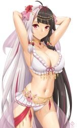 1girls arciealbano belly_dancer belly_dancer_outfit black_hair cleavage harem_girl harem_outfit large_breasts multicolored_hair nijisanji red_eyes silver_hair virtual_youtuber yorumi_rena