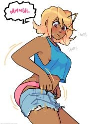 1girls curly_hair curly_hair_female dark_skin dark_skinned fat_ass female female_focus grunting homestuck no_bra_under_clothes pink_panties putting_clothes_on redskinnedmess roxy_lalonde short_hair short_hair_female solo solo_female struggling_to_fit tan_body