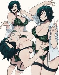 1girls absurd_res aneurysm.ax artist_name big_breasts bra chainsaw_man character_sheet eyepatch female female_only g-string garter_straps green_eyes green_hair green_underwear hi_res himeno_(chainsaw_man) large_breasts lingerie looking_at_viewer multiple_views patch peace_sign short_hair