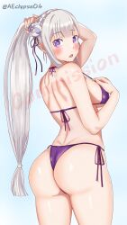 1girls ass ass_focus back back_view backboob bikini commission elf elf_ears elf_female elf_girl emilia_(re:zero) female half_naked hand_on_breast hand_on_own_chest looking_back nice_ass ponytail purple_eyes re:zero_kara_hajimeru_isekai_seikatsu side-tie_bikini_bottom silver_hair solo solo_focus standing swimsuit thighs twisted_torso wedgie white_background