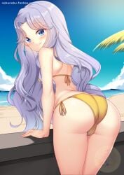 1girls alternate_costume artist_logo artist_name ass bare_shoulders beach bikini blue_eyes blush breasts cameltoe commission cowboy_shot female female_only fire_emblem fire_emblem:_thracia_776 hand_on_wall large_ass leaning_forward long_hair looking_at_viewer looking_back nabunabu nintendo ocean outdoors parted_bangs purple_hair sara_(fire_emblem) shoulder_blades side-tie_bikini_bottom small_breasts smile solo standing swimsuit very_long_hair yellow_bikini yellow_swimsuit