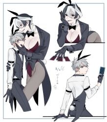 1boy 1girls against_wall alternate_costume arm_grab armband ass bags_under_eyes belt bent_over big_breasts black_and_white_hair black_bowtie black_eyes blue_eyes blush bowtie breasts bunny_boy bunny_ears bunny_girl bunny_tail cleavage closed_mouth coat collarbone collared_shirt detached_collar dominant_female eyelashes fake_animal_ears fake_tail female femdom fully_clothed gambling gloves grey_hair hair hair_between_eyes hairband half-closed_eyes hand_on_own_head head_rest height_difference holding_card ippchan jiruo larger_female legs leotard light-skinned_male light_skin lips long_legs looking_at_another looking_at_viewer looking_away looking_back looking_down made_in_abyss male male_playboy_bunny malesub nervous open_clothes ozen pale-skinned_female pale_skin pants pantyhose parted_lips pinned pinned_against_wall playboy_bunny playing_card pose red_leotard short_hair shorter_male slender slender_body smaller_male smile smirk smug smug_smile standing sweatdrop tall_female taller_female taller_girl teeth_showing touching touching_face two_tone_hair vest white_background white_hair white_shirt wrist_cuffs