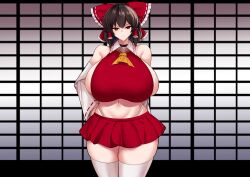 1girls alternate_breast_size annoyed breasts brown_hair female female_only hair_ribbon hand_on_own_hip highres huge_breasts japanese_clothes legs looking_at_viewer midriff miko navel pose posing red_eyes reimu_hakurei ribbon sensual sideboob sinkai skirt solo thick_thighs thighs thong touhou