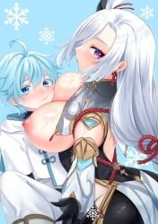 1boy aunt_and_nephew blue_eyes blue_hair braid breasts chinese_clothes chongyun_(genshin_impact) closed_mouth female genshin_impact grey_hair hair_between_eyes hair_over_one_eye highres hood incest jewelry kisekisaki large_breasts long_hair long_sleeves nipples shenhe_(genshin_impact) short_hair very_long_hair white_hair white_hood