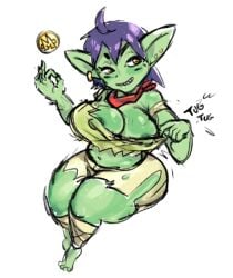 big_breasts big_thighs breasts cleavage goblin goblin_female green_skin jewelry original_character purple_hair ripped_clothing ripped_shirt ripped_shorts shirt_pull shirt_tug shortstack thighs