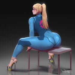 backboob big_ass big_breasts bimbo blonde_hair blue_eyes blue_lipstick bottom_heavy dat_ass female female_focus female_only fully_clothed heels high_heels lipstick looking_at_viewer metroid nail_polish nintendo pinkdrawz platform_heels samus_aran shiny_clothes tight_clothing zero_suit_samus