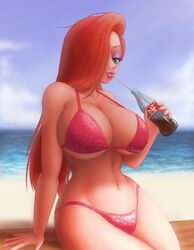 1girls beach bikini breasts cleavage coke-bottle_glasses day daylight disney drinking female female_only green_eyes hand_on_chair huge_breasts jessica_rabbit lips lipstick midriff red_bikini red_hair saf-404 safartwoks safartworks sea sequins tagme thin_waist toony who_framed_roger_rabbit wide_hips