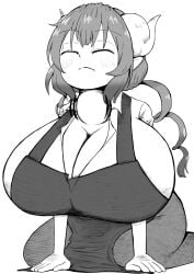 1boy 1girls aida_taketo big_breasts black_and_white breasts cleavage clothing dragon_girl female_pre giantess gigantic_breasts horns huge_breasts human human_prey ilulu_(dragon_maid) macro male_prey massive_breasts micro miss_kobayashi's_dragon_maid on_knees oral_vore size_difference swallowing throat_bulge vore