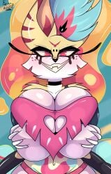 anthro arthropod bee black_choker black_nose blue_hair canid canine choker clothing demon demon_girl eyelashes fennythefox fox fox_girl fur hair helluva_boss hybrid insect_girl insects mammal pink_eyes queen_bee-lzebub_(helluva_boss) smile yellow_body yellow_fur yellow_sclera