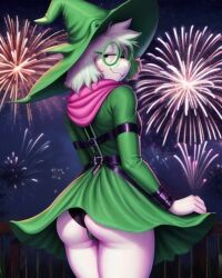 ai_generated anthro ass ass balcony belt bondage bondage_gear buns deltarune diplive7 fireworks furry glasses green_clothing looking_at_viewer male night outdoors ralsei scarf seductive_eyes skirt_lift smile toby_fox upskirt wedgie