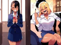 1boy 1boy1girl 1girls ai_generated alcohol black_nails blonde_hair breasts choker_snapping cleavage fangs gift gyaru happy hayase_nagatoro implied_netorare laugh middle_finger naoto_hachioji_(senpai) netorare please_don't_bully_me,_nagatoro pov red_nails school_uniform tears