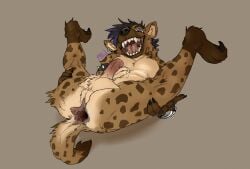 anthro anus ass balls black_claws black_pawpads brown_body brown_fur claws ear_piercing fur gaping gaping_anus genitals hi_res hyena male mammal mej pawpads penis piercing pink_tongue presenting presenting_hindquarters red_anus shaded simple_background solo teeth tongue zephias(char)