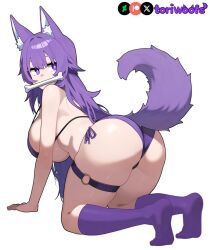 1girls ai_generated all_fours ass ass_focus bikini bone breasts curvy cute dog_ears dog_girl doggirl female female_only happy highres hips huge_ass huge_breasts kemonomimi light_skin light_skinned_female long_hair on_knees patreon_username petgirl petite petplay purple_ears purple_eyes purple_hair purple_tail rear_view sideboob strap thick_thighs thighhighs thighs tori toriwoofs watermark white_background wide_hips wolf_ears