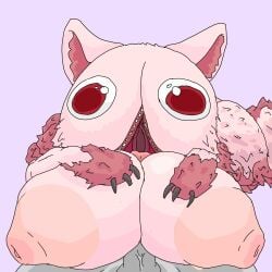 1boy 1girls ambiguous_species anonymous_male areolae breast_press breast_suppress breasts bug_eyes cat_ears claws engulfing_paizuri female fur gygo683317 huge_areolae huge_breasts huge_nipples made_in_abyss male mitty narehate nipples paizuri penis pink_body simple_background what why