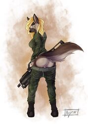 1girls anthro ass blonde_hair canid canine canis clothed clothing domestic_dog female female_only fingers fully_clothed g36 german_shepherd glowing glowing_eyes gun hair herding_dog heterochromia hi_res holding_object holding_weapon kizrae looking_at_viewer mammal natasha_klopov nipples nude pastoral_dog pussy ranged_weapon rifle simple_background smile solo standing uniform weapon