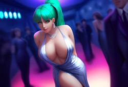 ai_generated arms_behind_back backless_dress bare_shoulders cleavage darkstalkers earrings evening_gown female female_focus green_eyes green_hair halter_dress large_breasts light_smile long_hair looking_at_viewer morrigan_aensland multiple_boys necklace nightclub novelai people_in_background plunging_neckline ponytail revealing_clothes seductive_look seductive_smile silver_dress standing succubus thighs