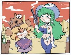 2girls blonde_hair breasts cleavage clothing cowboy_hat cowboy_outfit cowgirl female firearm gloves green_hair gun handgun human inner_thighs kevinarthurls midriff moriya_suwako no_sex pale_skin pistol revolver sanae_kochiya suwako_moriya tagme teeth touhou weapon