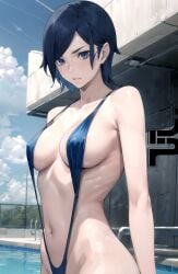 ai_generated arms_at_sides blue_eyes blue_hair blue_sky cloudy_sky devil_survivor_2 kukun_2000 large_breasts looking_at_viewer outside pool sako_makoto shin_megami_tensei slingshot_swimsuit standing swimsuit upper_body