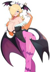 animal_print bare_shoulders bat_print bat_wings blonde_hair blue_eyes blush breasts cleavage cosplay crossover crown darkstalkers earrings female female_only hair_over_one_eye head_wings highres jewelry kaos_art large_breasts leotard long_hair mario_(series) milf morrigan_aensland morrigan_aensland_(cosplay) nintendo pantyhose princess_rosalina print_pantyhose smile solo star_(symbol) star_earrings super_mario_galaxy vampire_(game) white_background wings