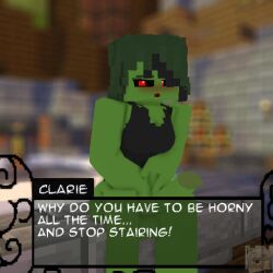 1futa 3d black_t-shirt breasts centrifigual claire_(centrifigual) erect_penis futa_only futanari green_body green_hair horny_futa message_box mine-imator minecraft monster_girl no_panties no_pants outside red_eyes solo_futa tagme zombie_girl