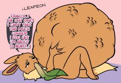 ambiguous_gender anthro belly big_belly black_eyes brown_body brown_fur cute_expression cute_pose dialogue eevee eeveelution falling_over fluffy fluffy_tail fur generation_1_pokemon group huge_belly hyper hyper_belly inflation inflation_fetish leaf leaf_tail long_ears long_tail looking_at_viewer lying neck_tuft nintendo on_back oral_vore pokemon pokemon_(species) pompuffy_(artist) raised_tail sequence speech_bubble squirming struggling_prey swallowing tail text tuft vore weight_gain weight_gain_drive
