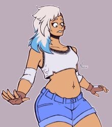 blue_hair chubby clothed dyed_hair frustzone fully_clothed gloves green_eyes hi-fi_rush looking_down midriff peppermint_(hi-fi_rush) piercing shaved_side shorts slightly_chubby solo_female solo_focus stomach surprised tan_skin tank_top thick_thighs thighs undercut white_hair