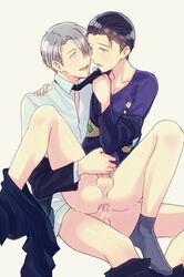 2boys anal anal_penetration anal_sex black_hair blue_eyes bottomless brown_eyes canon_couple clothed_sex cum cum_in_ass gay handjob handjob_while_penetrating katsuki_yuuri lap_sitting male_only male_penetrated multiple_boys necktie open_mouth pants_removed penis riding rosa_tsubomi sex silver_hair smile straddling viktor_nikiforov yaoi yuri!!!_on_ice