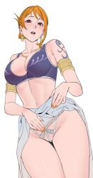 1girls alabasta armlet belly_dancer belly_dancer_outfit brown_eyes cleavage female female_only harem_girl harem_outfit huge_breasts looking_at_viewer nami one_piece orange_hair pearl_thong pre-timeskip skirt_lift tattoo thick_thighs uukkaa