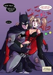 1boy 1girls batman batman:_arkham_city batman_(series) batquinn big_breasts boots cleavage dc dc_comics dialogue female fingering fingering_pussy harley_quinn harley_quinn_(arkham) harley_quinn_(arkham_city) knee_boots male masturbation orgasm scars speech_bubble straight torn_clothing torn_costume wacum