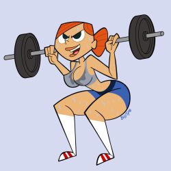 bigtyme blue_shorts clothed determined exercise grey_topwear large_ass large_breasts mature_female midriff pe_teacher pe_teacher_(robotboy) red_hair robotboy sports_bra sweat sweat_stain sweating sweating_profusely sweaty_body sweaty_breasts sweaty_face thick_thighs weightlifting white_socks workout workout_clothes