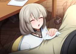 accident big_breasts bulge_through_clothing closed_eyes dinner_table grey_hair long_hair mature mature_female milf neocoill on_knees ponytail sakurai_shinichi table under_the_table uzaki-chan_wa_asobitai! uzaki_tsuki voluptuous wet_pants white_hair young younger_male